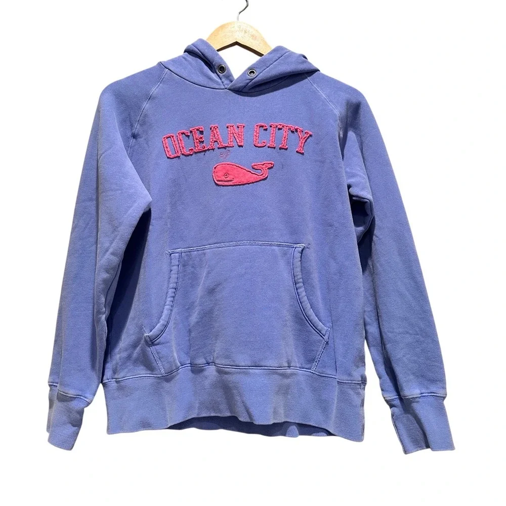 Ocean City Whale Graphic Hoodie Youth XL Blue Pink Coastal Sweatshirt